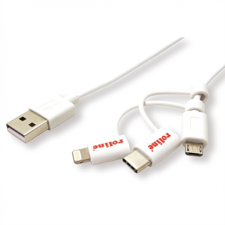 Cablu de date si incarcare USB la USB-C + micro USB-B + Lightning 1m Alb, Roline 11.02.8329