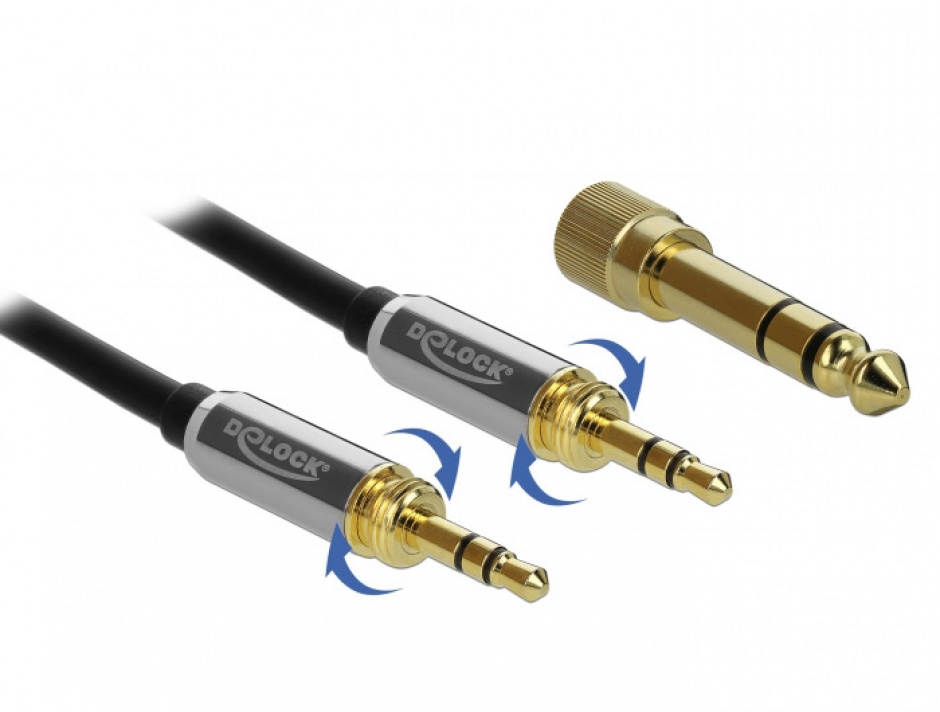 Cablu jack stereo 3.5mm 3 pini T-T + adaptor cu surub 6.35 mm 5m, Delock 85788