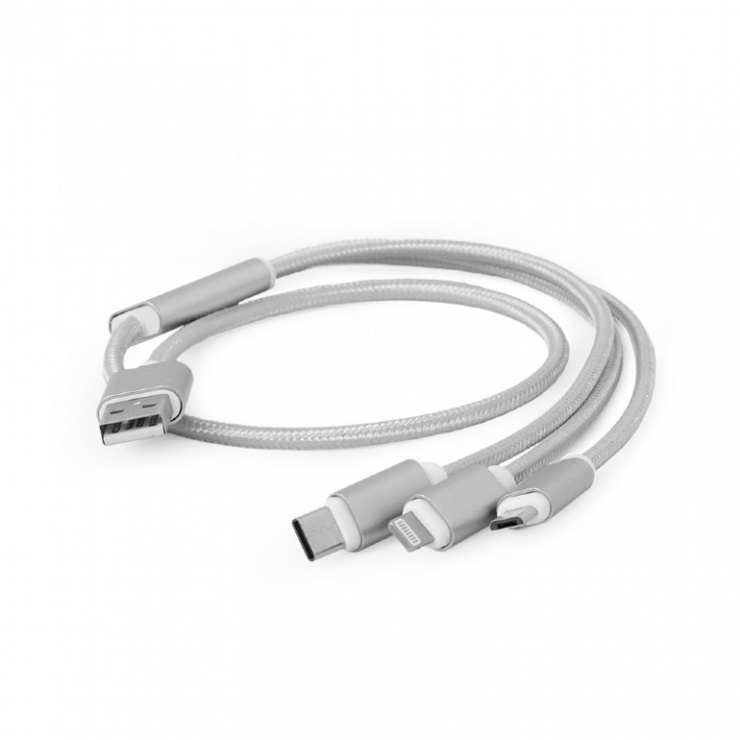 Cablu USB 2.0 la Micro USB-B, USB-C si Lightning Apple 1m, Gembird CC-USB2-AM31-1M-S