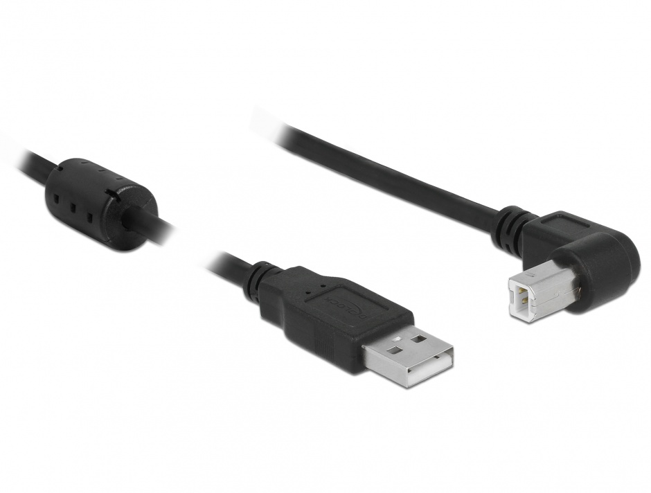 Cablu USB 2.0-A la USB 2.0-B unghi 90? T-T 5m Negru, Delock 83530