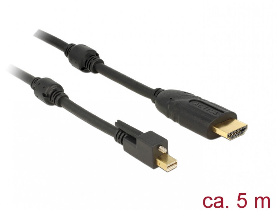 Cablu mini Displayport 1.2 cu suruburi la HDMI T-T 4K Activ 5m, Delock 83732