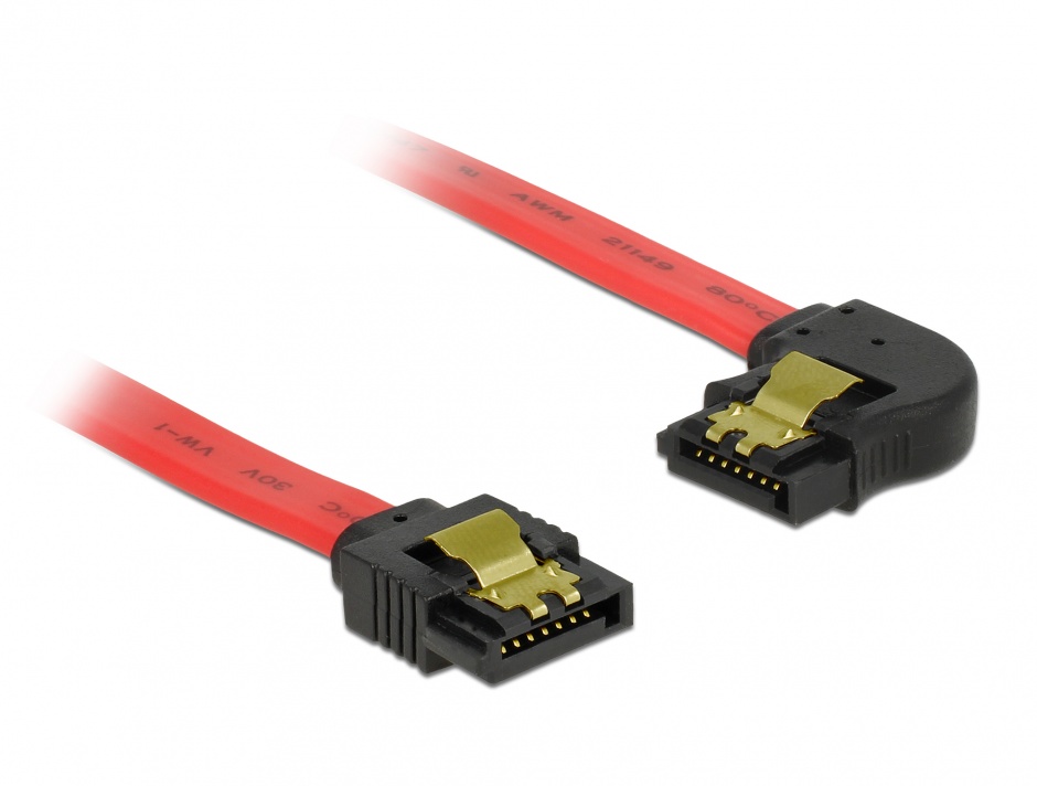 Cablu SATA III 6 Gb/s drept-unghi cu fixare Rosu 50cm, Delock 83964