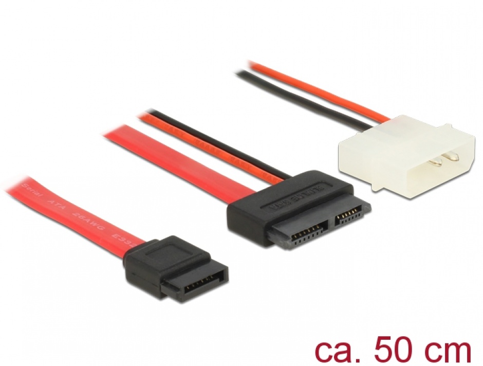 Cablu Slim SATA la SATA 7 pini + 2 pini alimentare M-T 50cm, Delock 84790