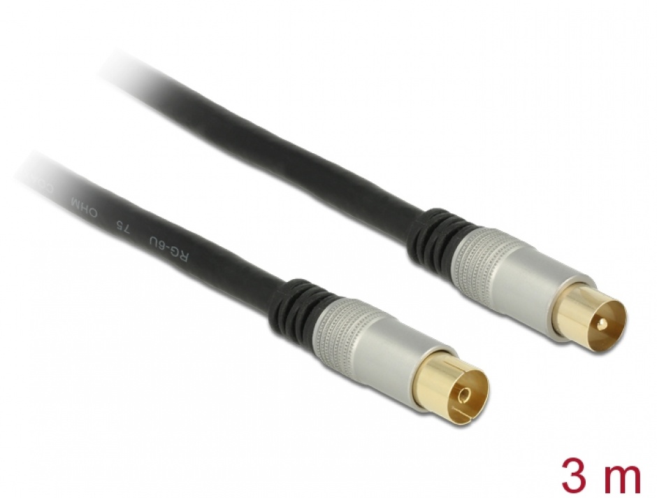 Cablu de antena IEC Plug la IEC Jack RG-6/U ecranat 3m Negru Premium, Delock 88947