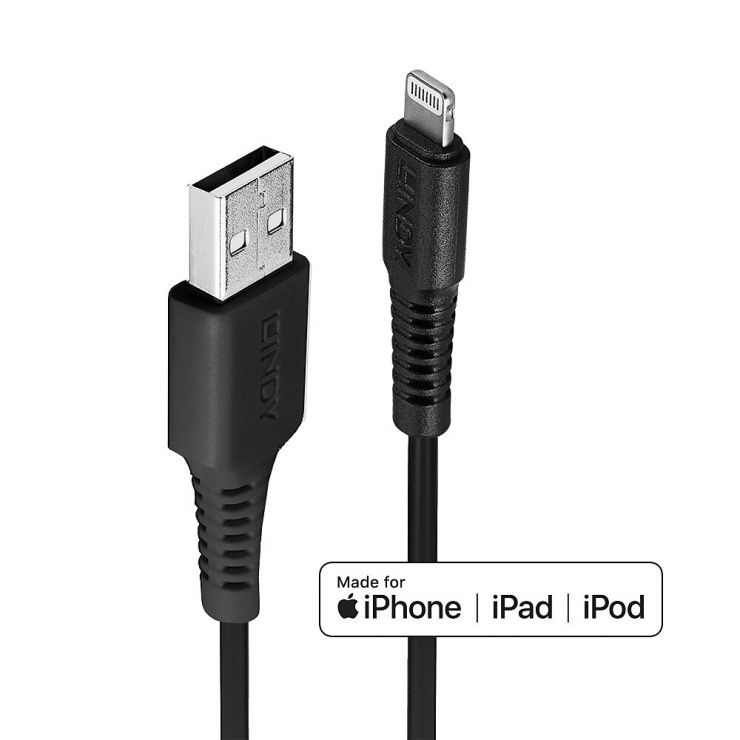 Cablu de incarcare + date USB la Lightning MFI 1m Negru, Lindy L31320