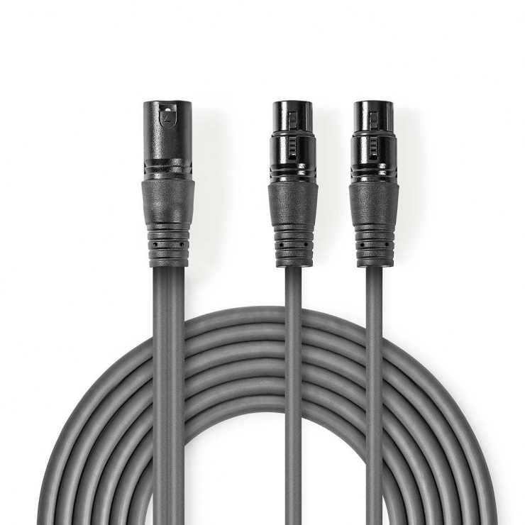 Cablu audio balansat XLR 3 pini la 2 x XLR 3 pini T-M 1.5m, Nedis COTH15025GY15