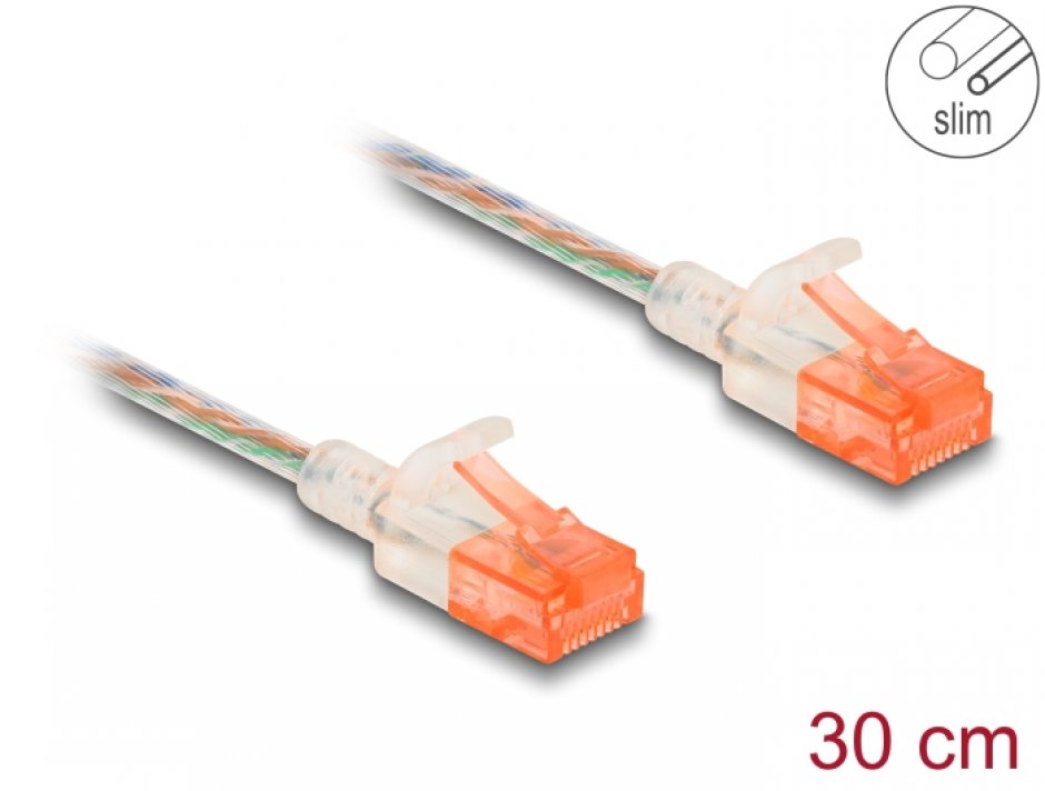 Cablu de retea RJ45 Cat.6A UTP Slim 0.3m transparent, Delock 80351