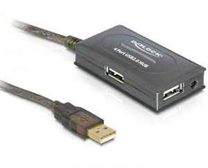 Cablu prelungitor activ USB 2.0 (A T-M) 10 m, cu Hub 4 porturi, Delock 82748